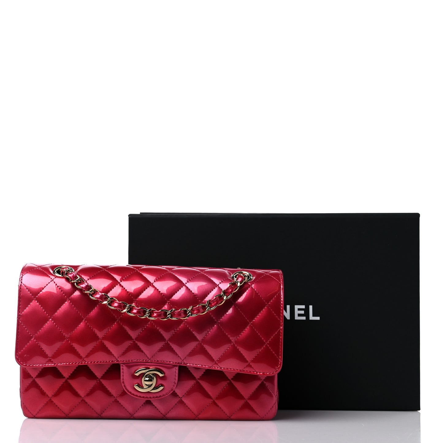 Shaded Patent Calfskin Quilted Medium Double Flap Dark Pink