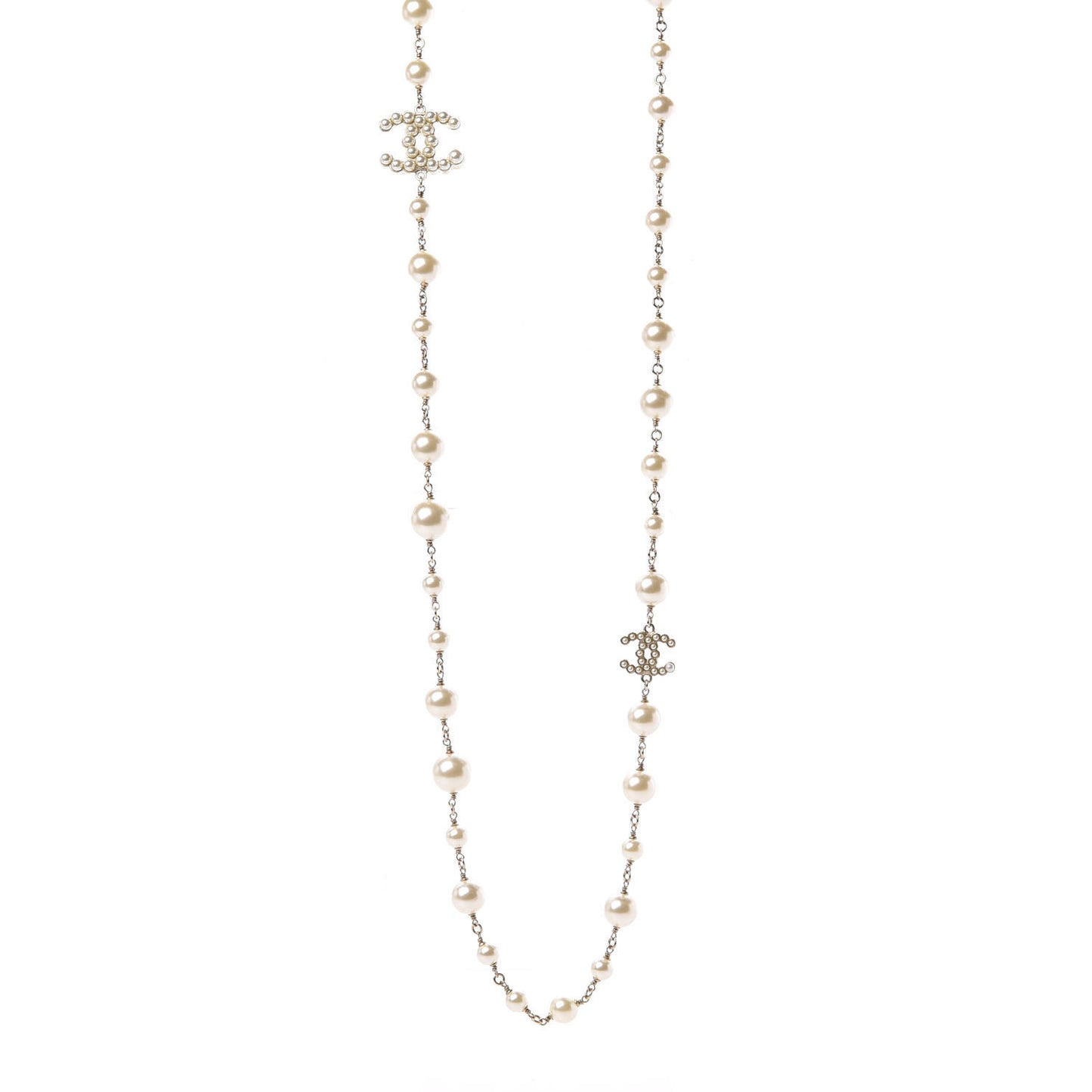 Graduated Pearl Crystal Twisted CC Long Necklace Gold