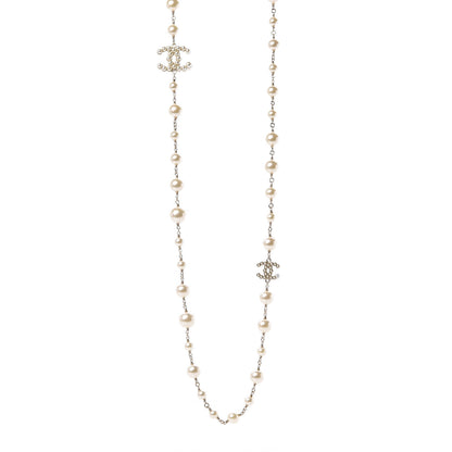 Chanel Graduated Pearl Crystal Twisted CC Long Necklace Gold 1 of 4