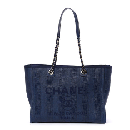 Chanel Mixed Fibers Striped Small Deauville Tote Navy Blue 1 of 10