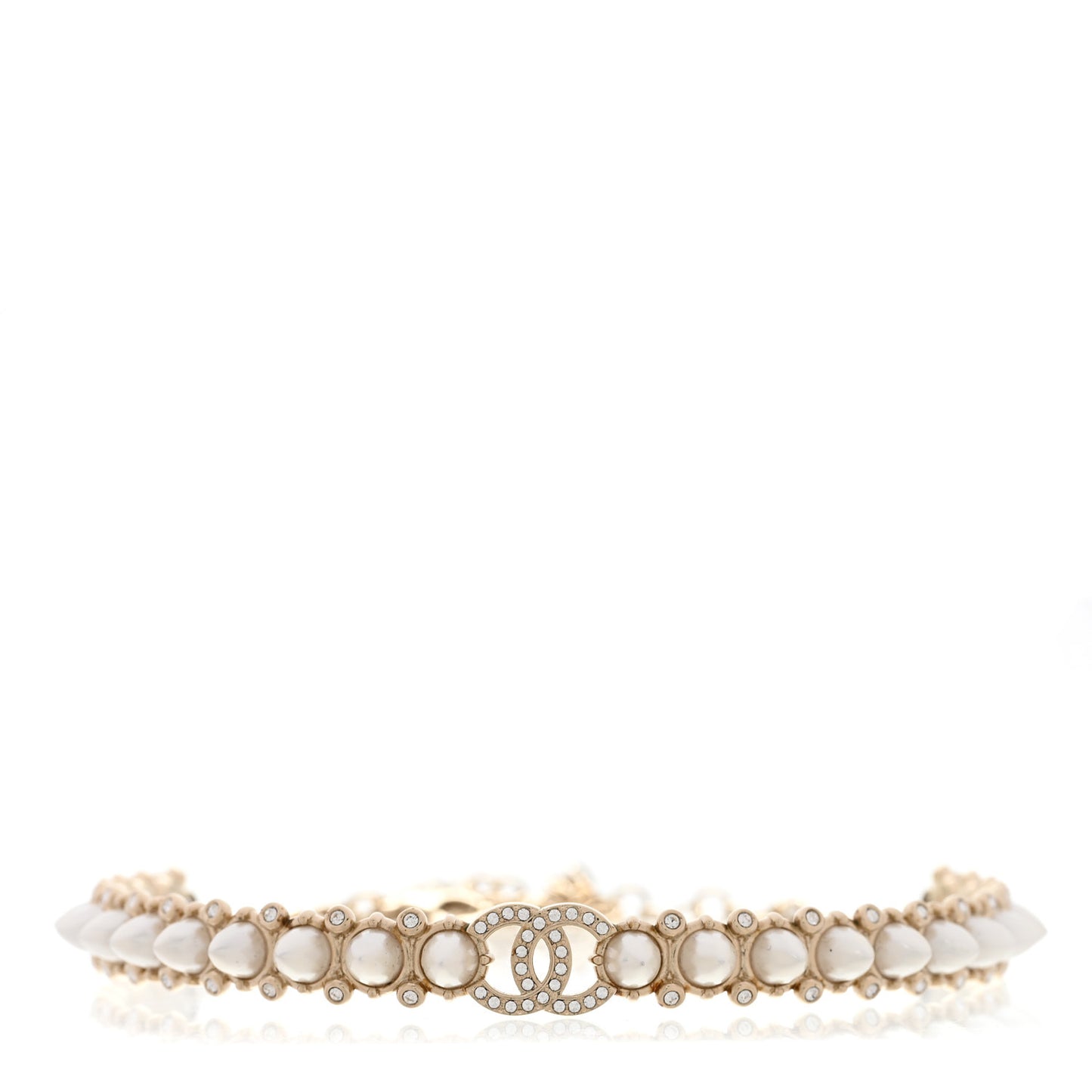 Strass Crystal Studded Pearl CC Choker Necklace Gold Pearly White