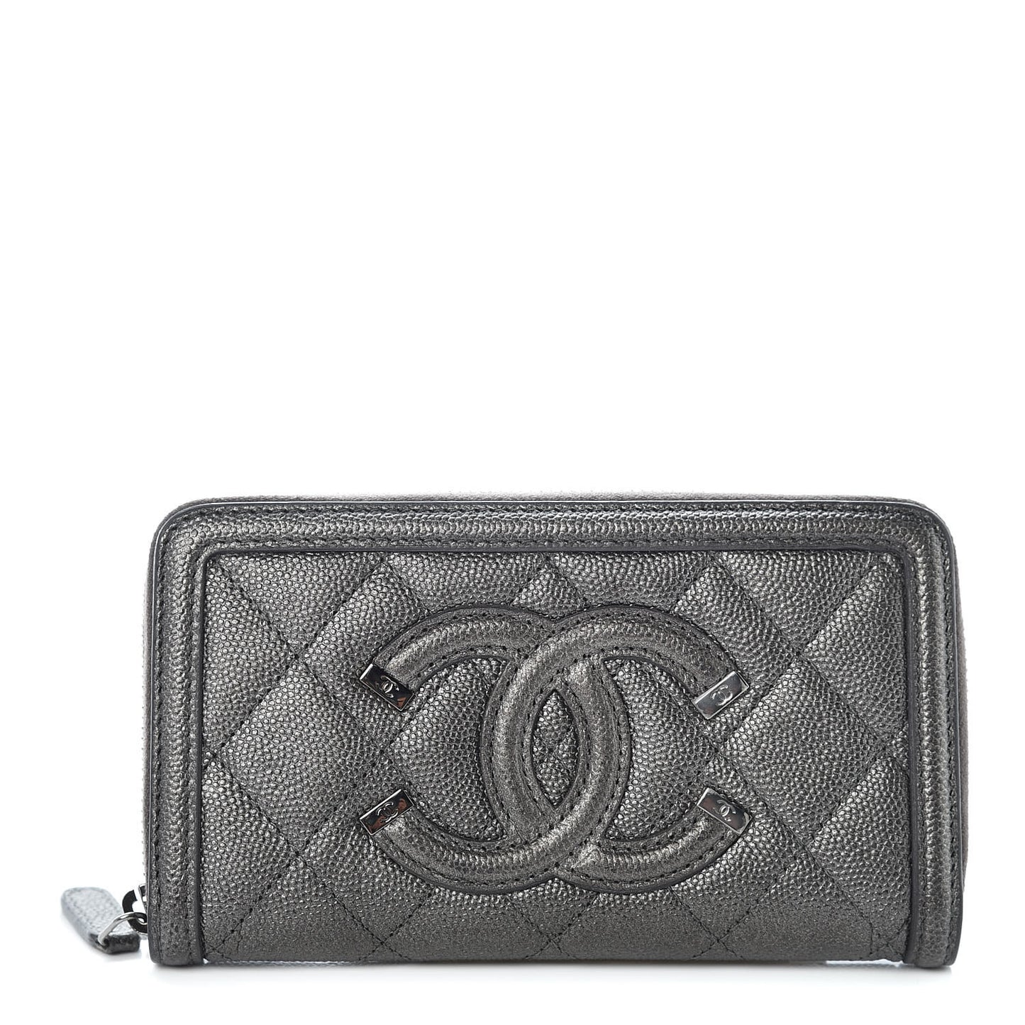 Metallic Caviar Quilted Medium Filigree Zip Around Wallet Dark Silver