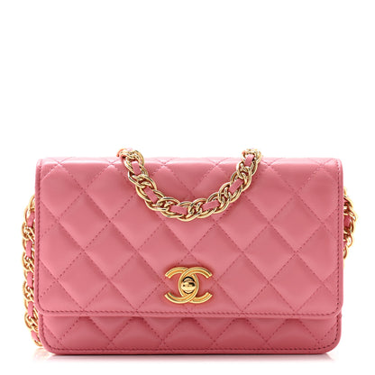 Chanel Shiny Lambskin Quilted Golden Links Wallet On Chain WOC Pink 1 of 12