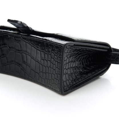 Balenciaga Shiny Calfskin Monochrome Crocodile Embossed Small Hourglass Sling Shoulder Bag Black 7 of 9