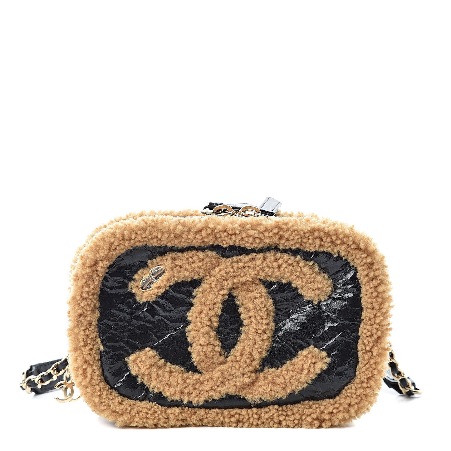 Shiny Crumpled Sheepskin Shearling CC Mania Waist Bag Black Light Brown