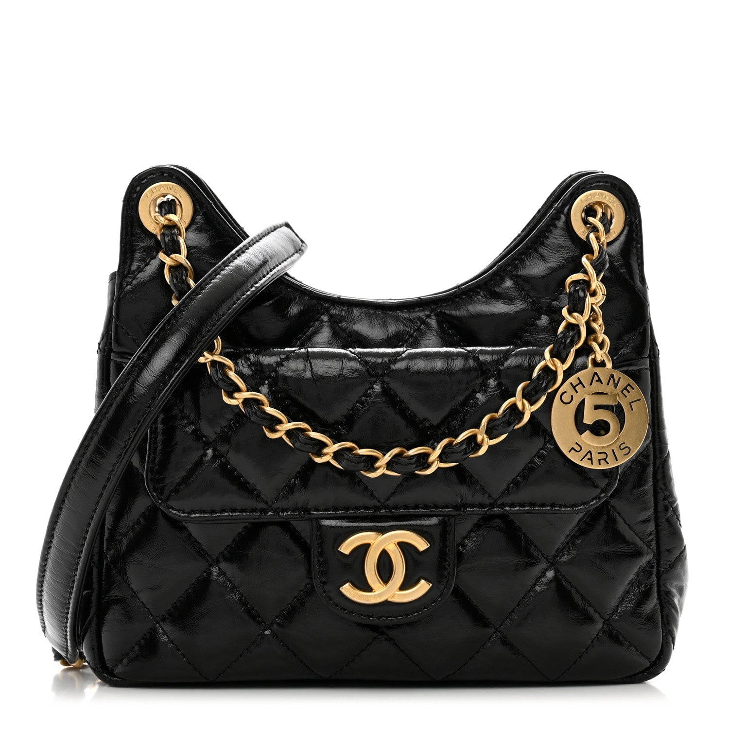 Chanel Shiny Crumpled Calfskin Quilted Small Wavy CC Hobo Black 1 of 11