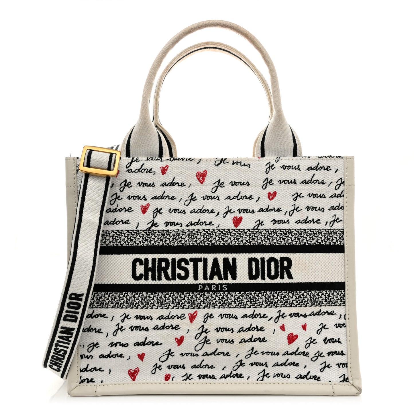 Calfskin Canvas Embroidered Small Dioramour Je Vous Adore Book Tote With Strap White Black Red
