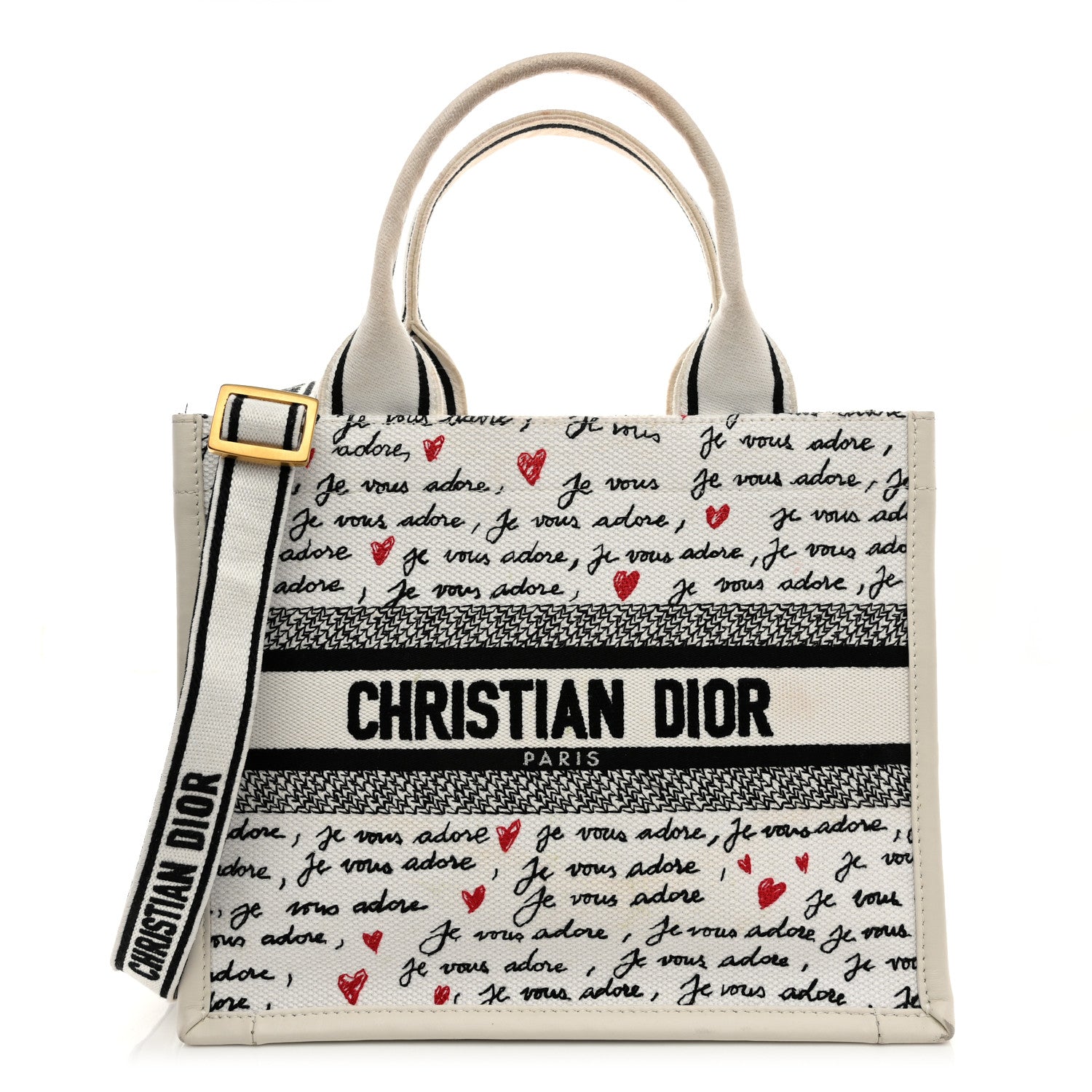 Christian Dior Calfskin Canvas Embroidered Small Dioramour Je Vous Adore Book Tote With Strap White Black Red 1 of 11