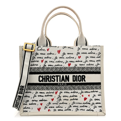 Christian Dior Calfskin Canvas Embroidered Small Dioramour Je Vous Adore Book Tote With Strap White Black Red 1 of 11