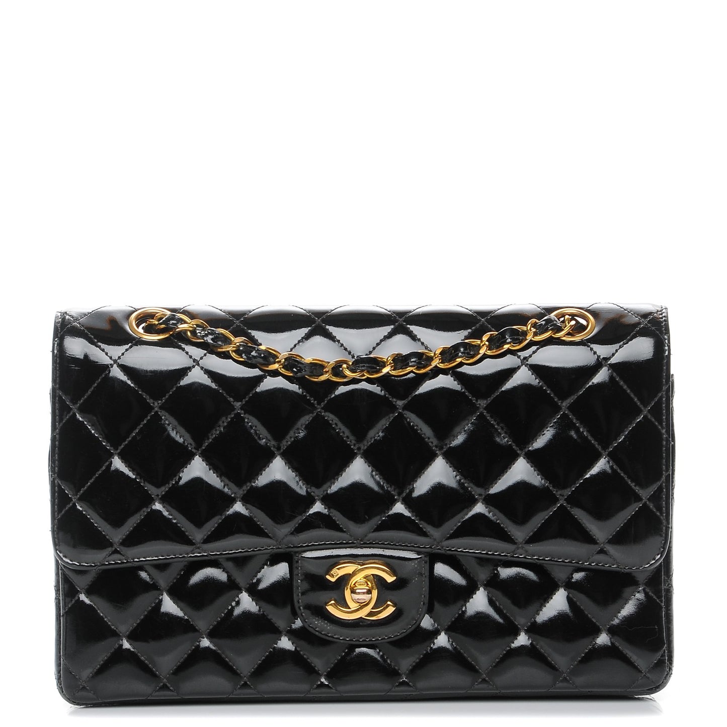 Patent Quilted Medium Double Flap Black