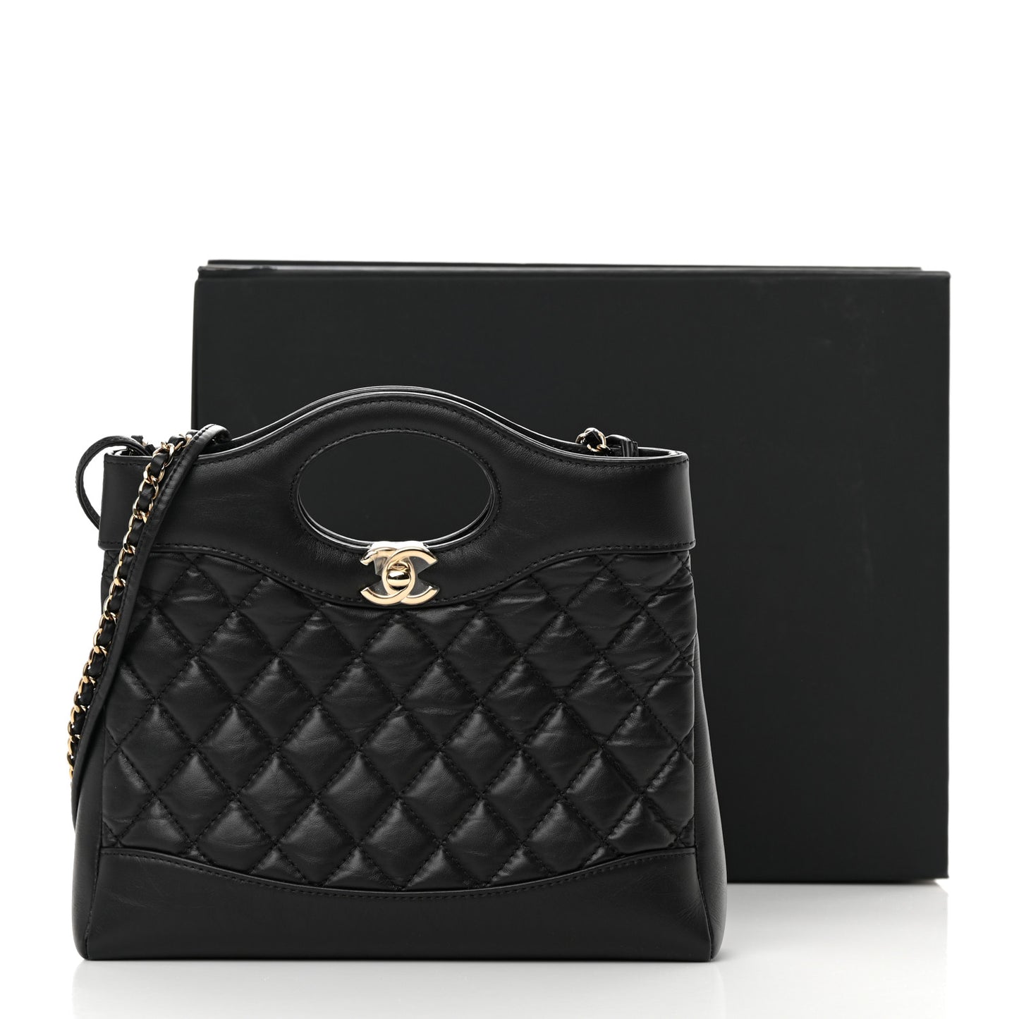 Shiny Crumpled Calfskin Quilted Mini 31 Shopping Bag Black