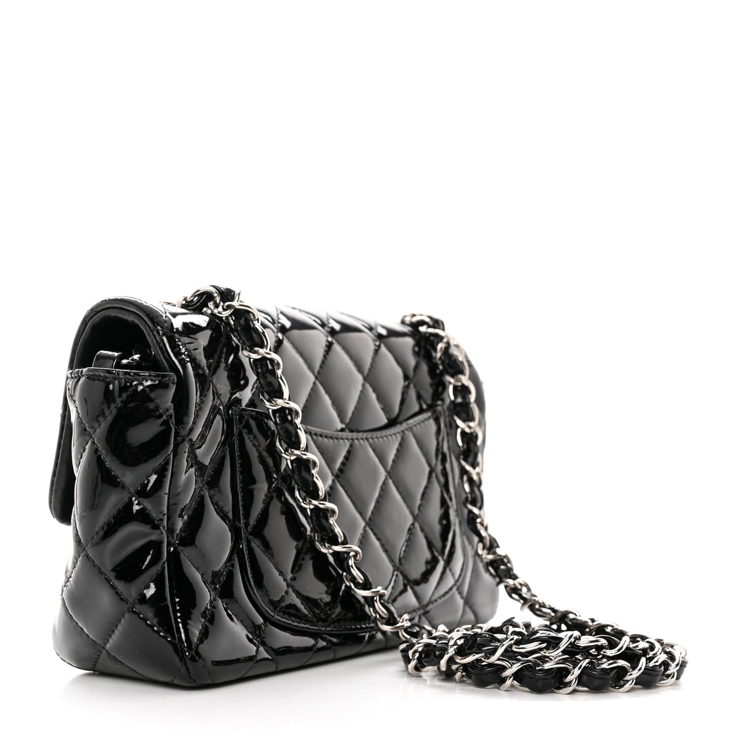 Patent Calfskin Quilted Mini Rectangular Flap Black
