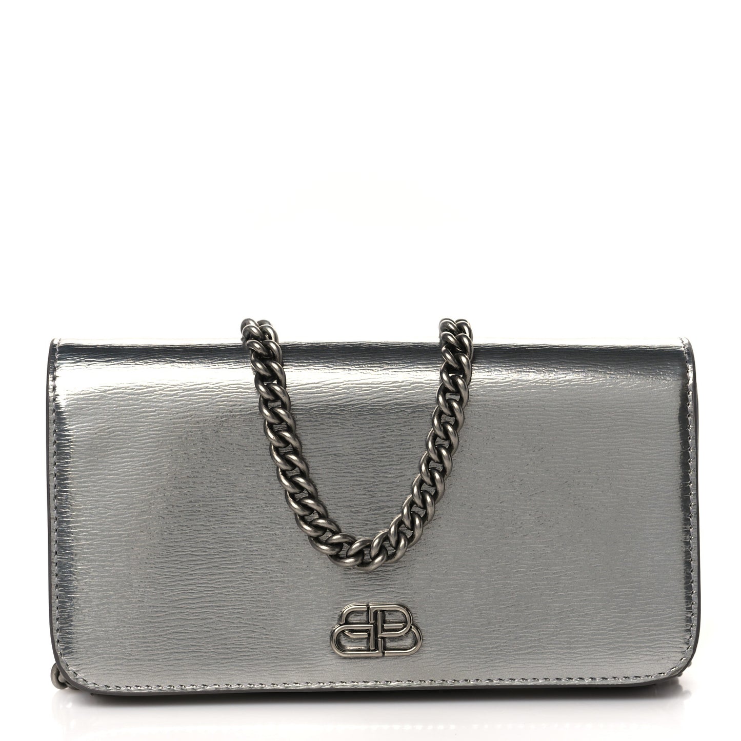 Metallic Grained Calfskin BB Phone Holder Wallet On Chain Silver