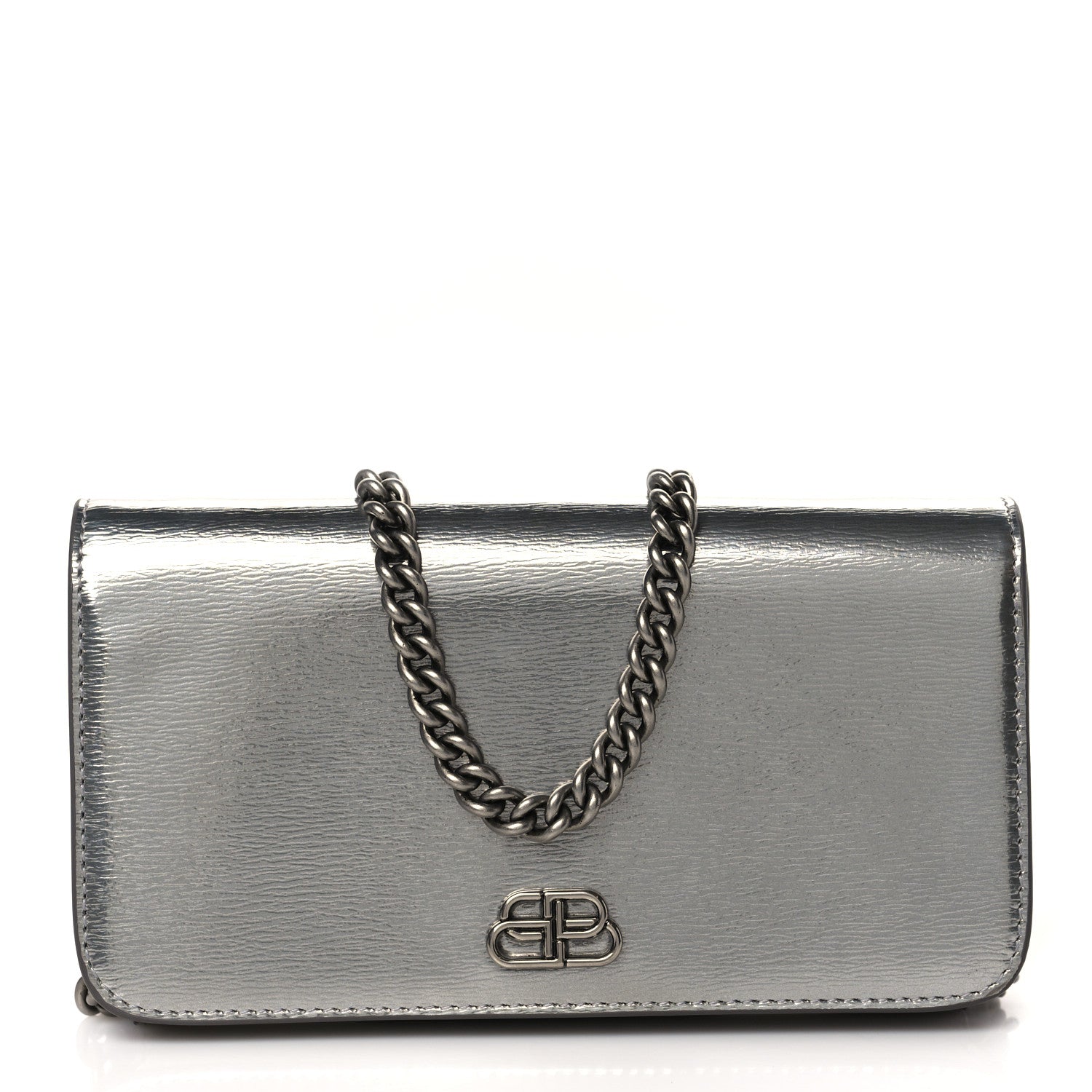 Balenciaga Metallic Grained Calfskin BB Phone Holder Wallet On Chain Silver 1 of 7