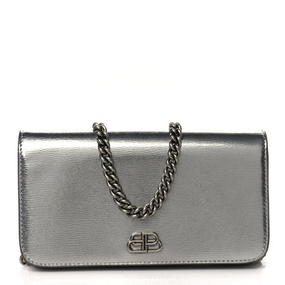 Balenciaga Metallic Grained Calfskin BB Phone Holder Wallet On Chain Silver 1 of 7