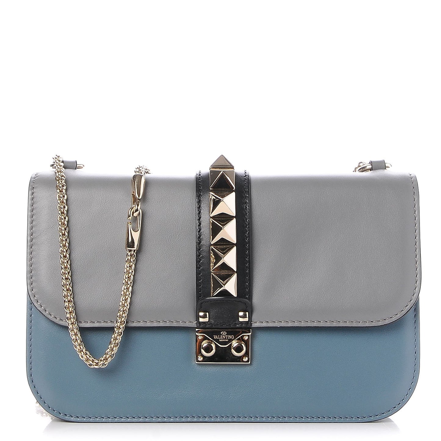 Vitello Tri-Color Medium Glam Lock Rockstud Flap Grey Blue Black