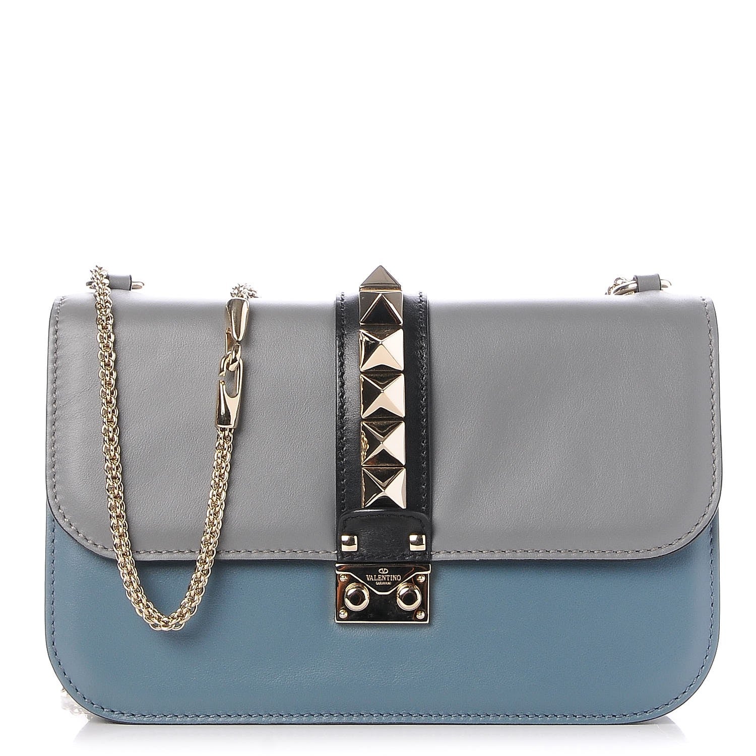 Valentino Garavani Vitello Tri-Color Medium Glam Lock Rockstud Flap Grey Blue Black 1 of 8