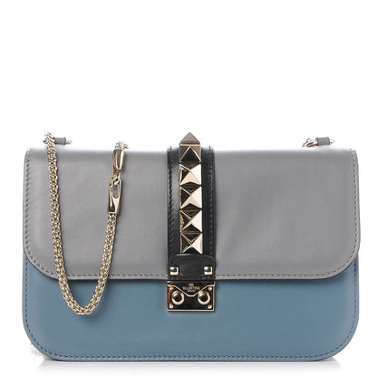Valentino Garavani Vitello Tri-Color Medium Glam Lock Rockstud Flap Grey Blue Black 1 of 8