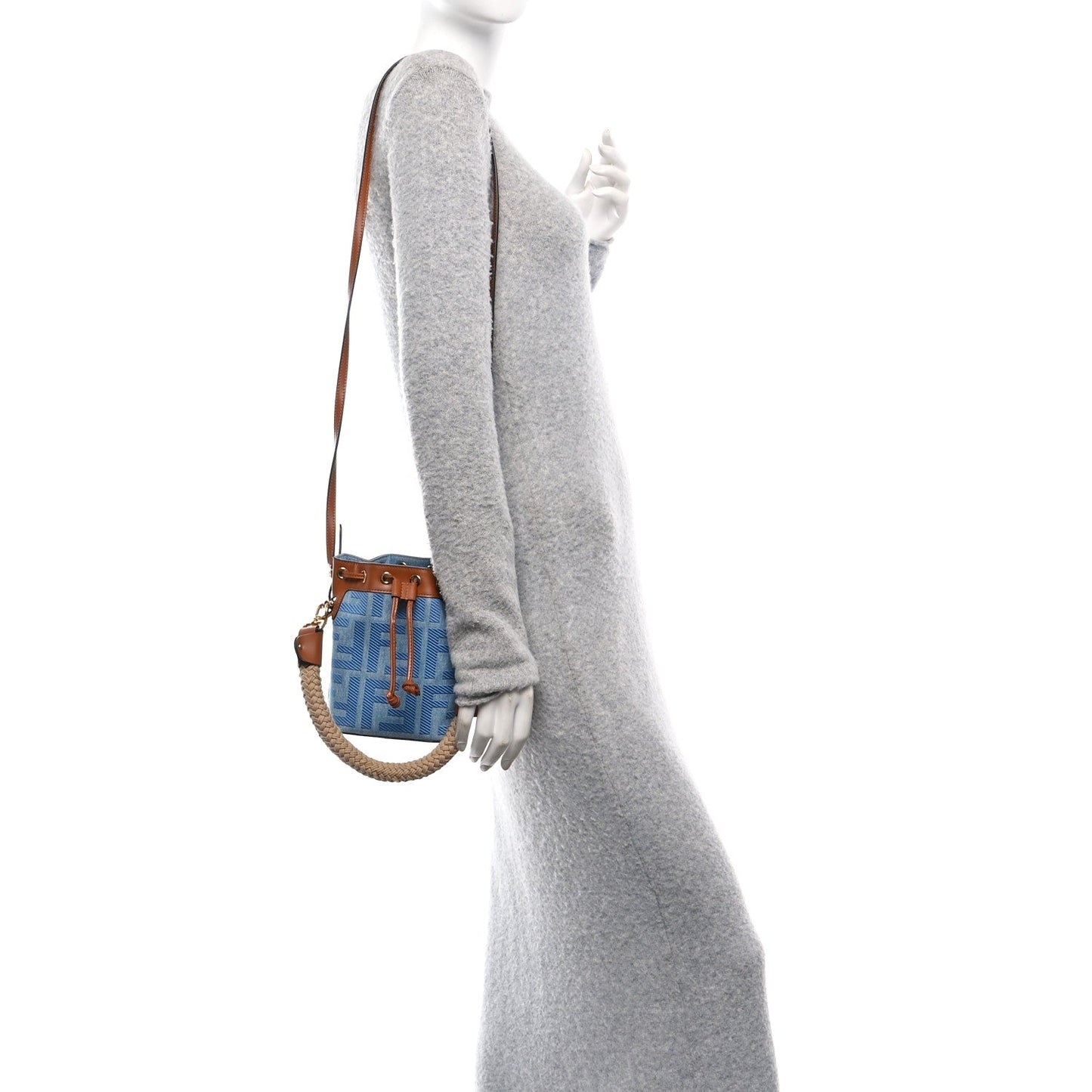 Denim Vitello King F is Fendi FF Embroidered Mini Mon Tresor Bucket Bag Denim Chiaro Brandy