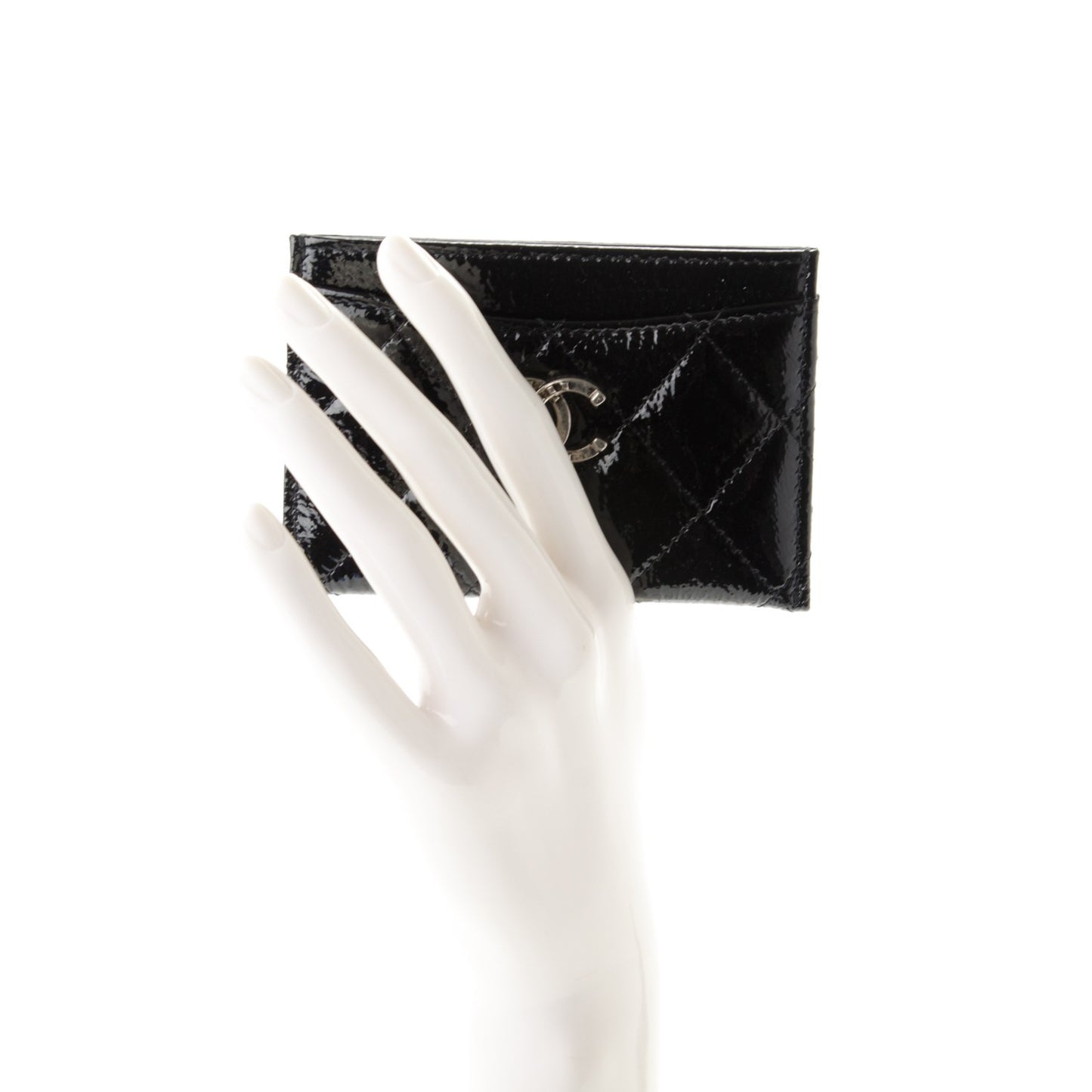 Distressed Patent Quilted Card Holder Black