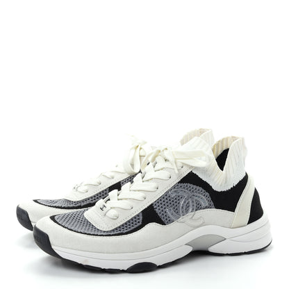 Chanel Fabric Suede Calfskin Stretch CC Sneakers 40 Beige Black 3 of 9