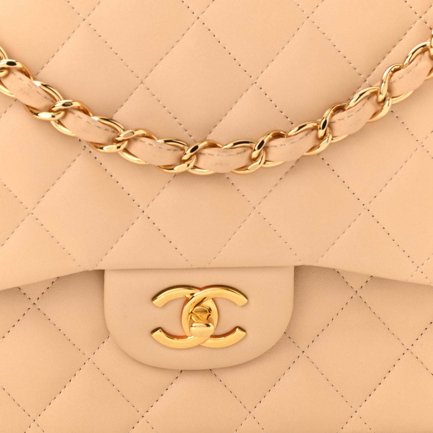 Lambskin Quilted Jumbo Double Flap Beige