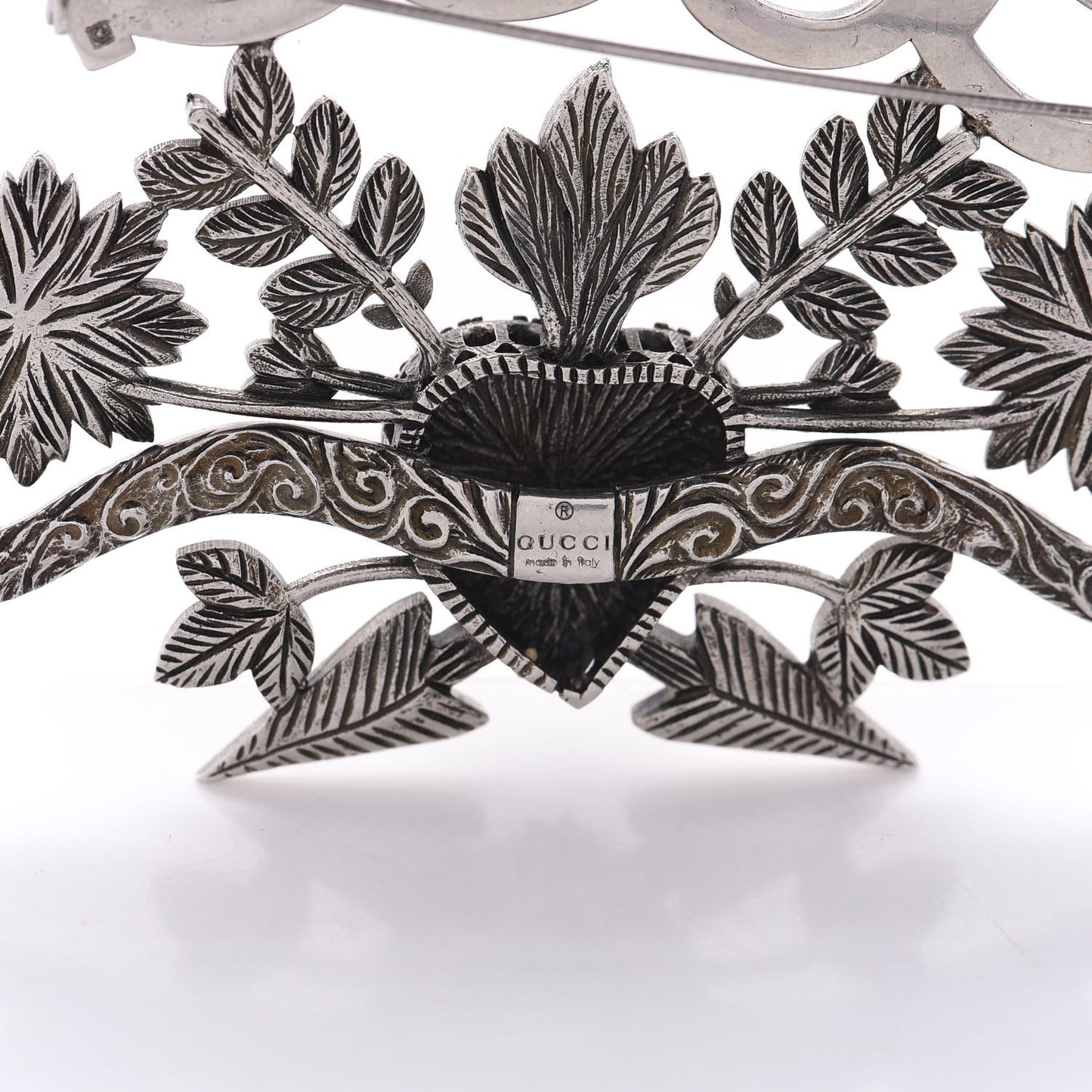Metal Crystal Guccy Brooch Aged Silver