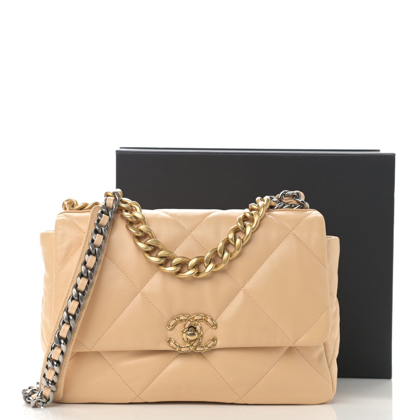 Shiny Goatskin Quilted Large Chanel 19 Flap Beige