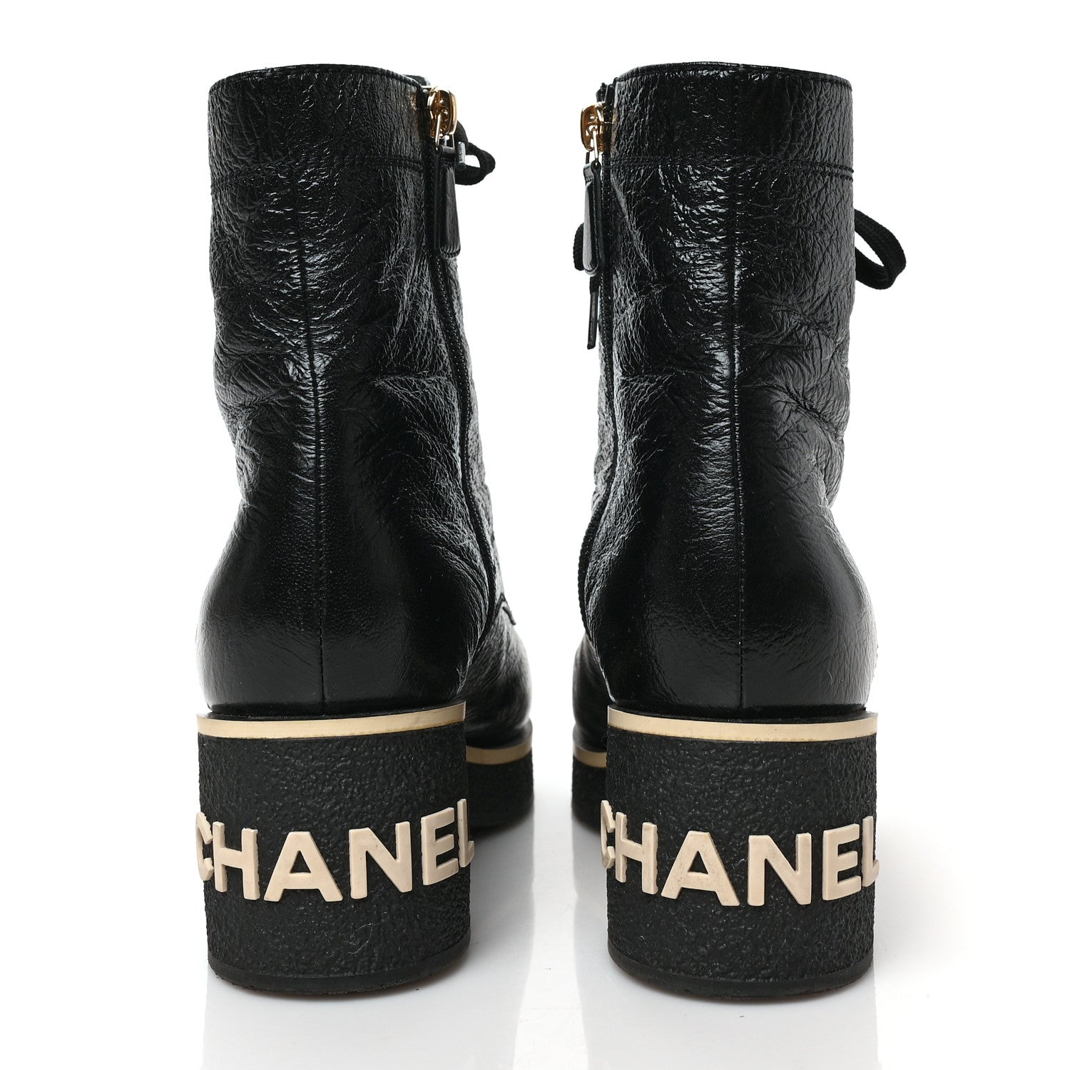 Chanel Shiny Crumpled Lambskin Lace Up Combat Boots 38 Black 5 of 9