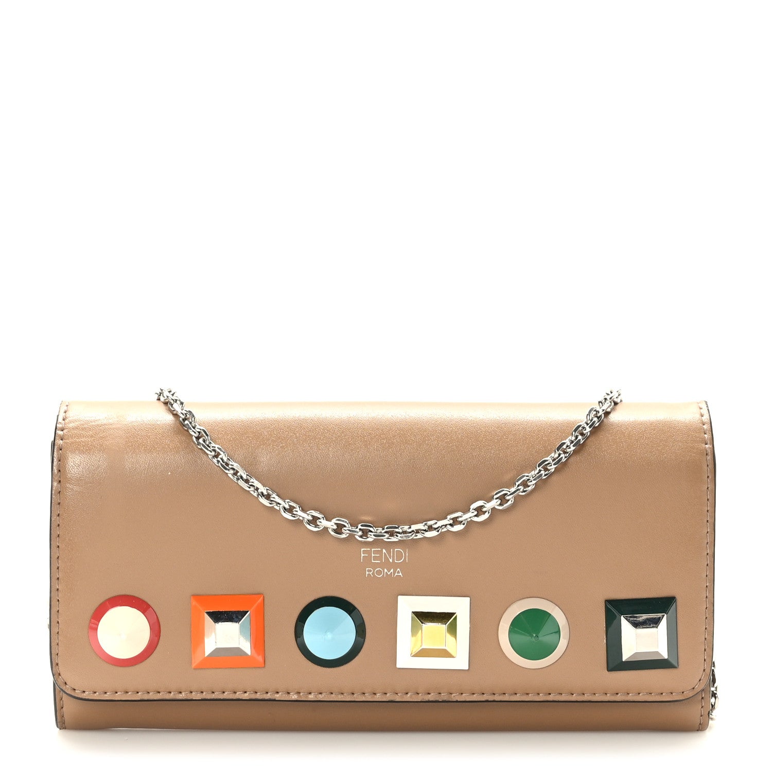 Fendi Vitello Liberty Studded Continental Wallet On Chain Brown Multicolor 1 of 11