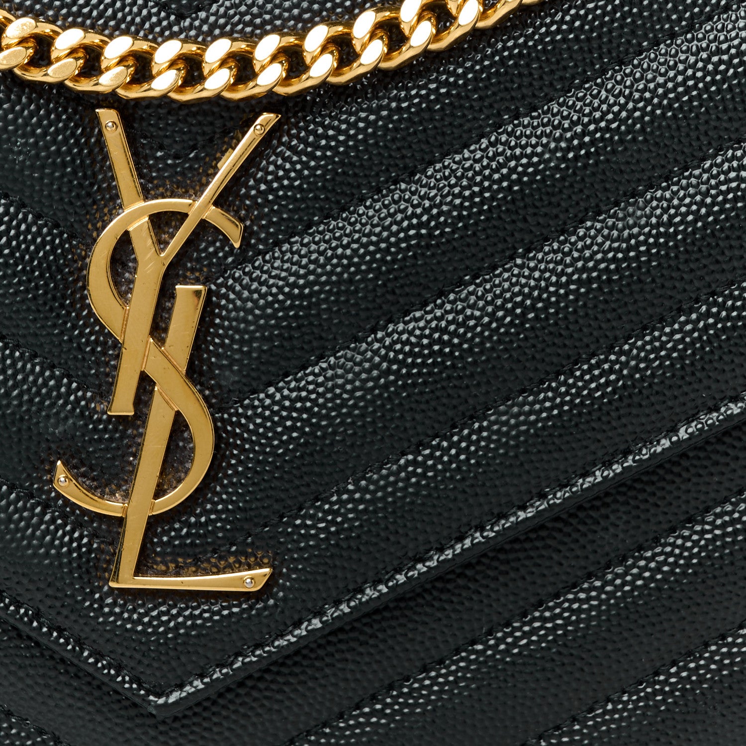 Saint Laurent Grain De Poudre Matelasse Chevron Monogram Chain Wallet Black 7 of 9