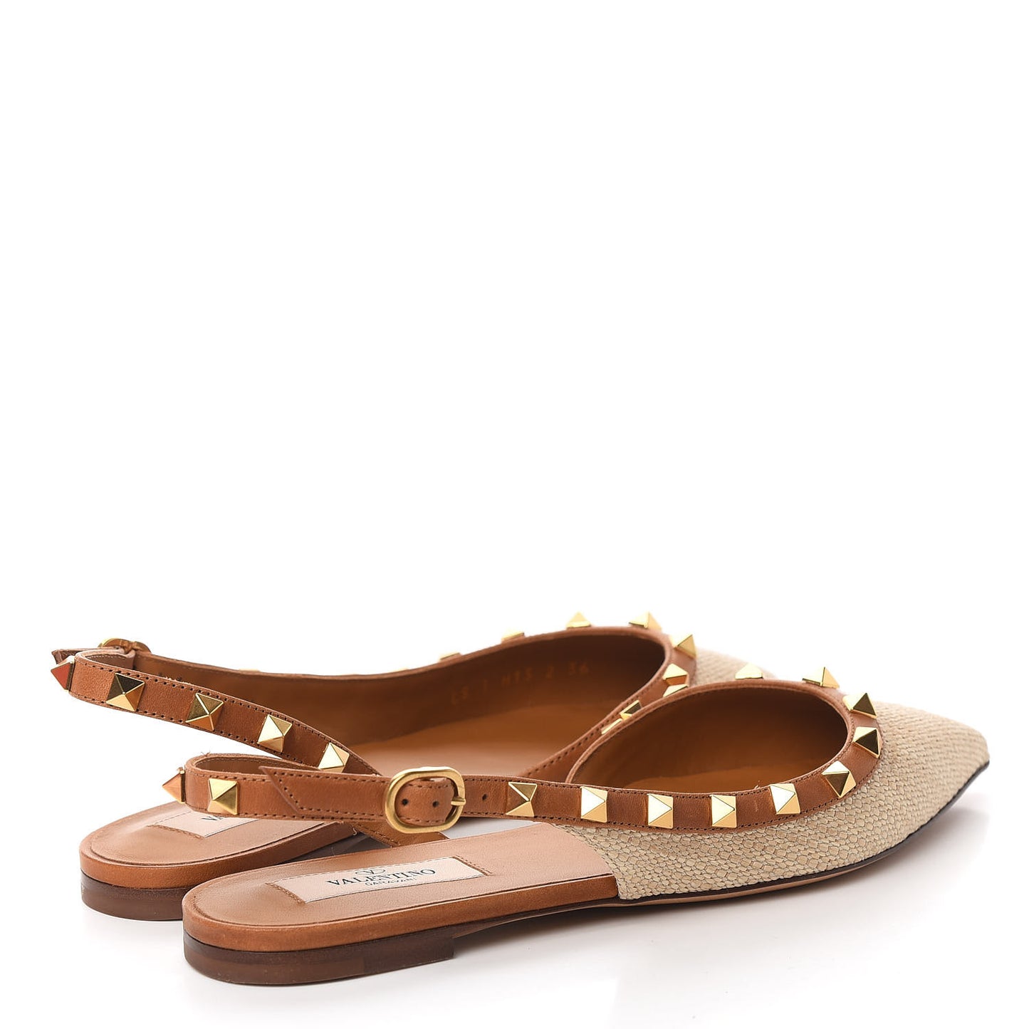 Raffia Calfskin Rockstud Slingback Flats 36 Naturale