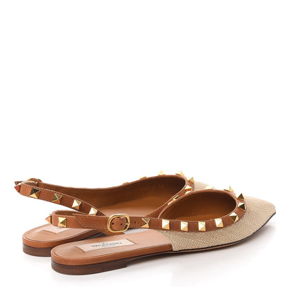 Valentino Garavani Raffia Calfskin Rockstud Slingback Flats 36 Naturale 4 of 9