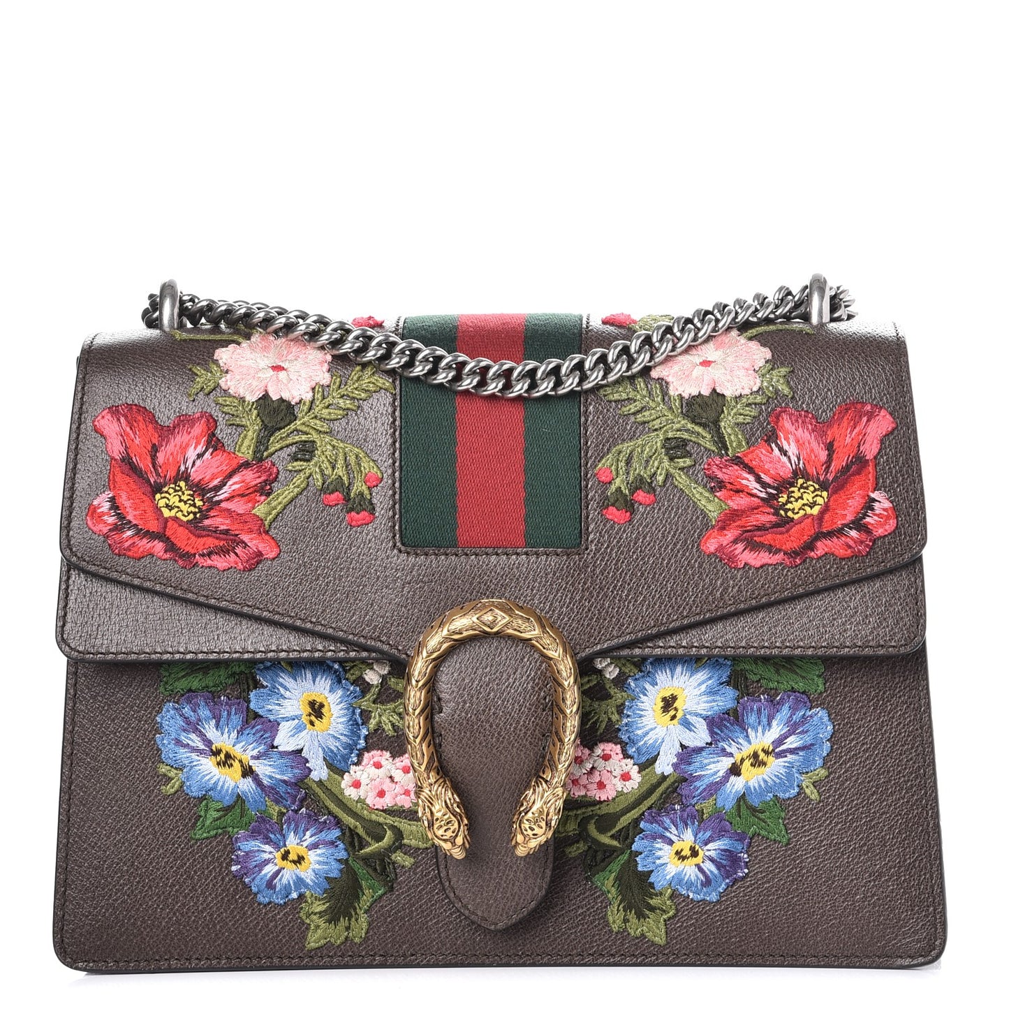 Calfskin Web Floral Embroidered Medium Dionysus Shoulder Bag New Acero