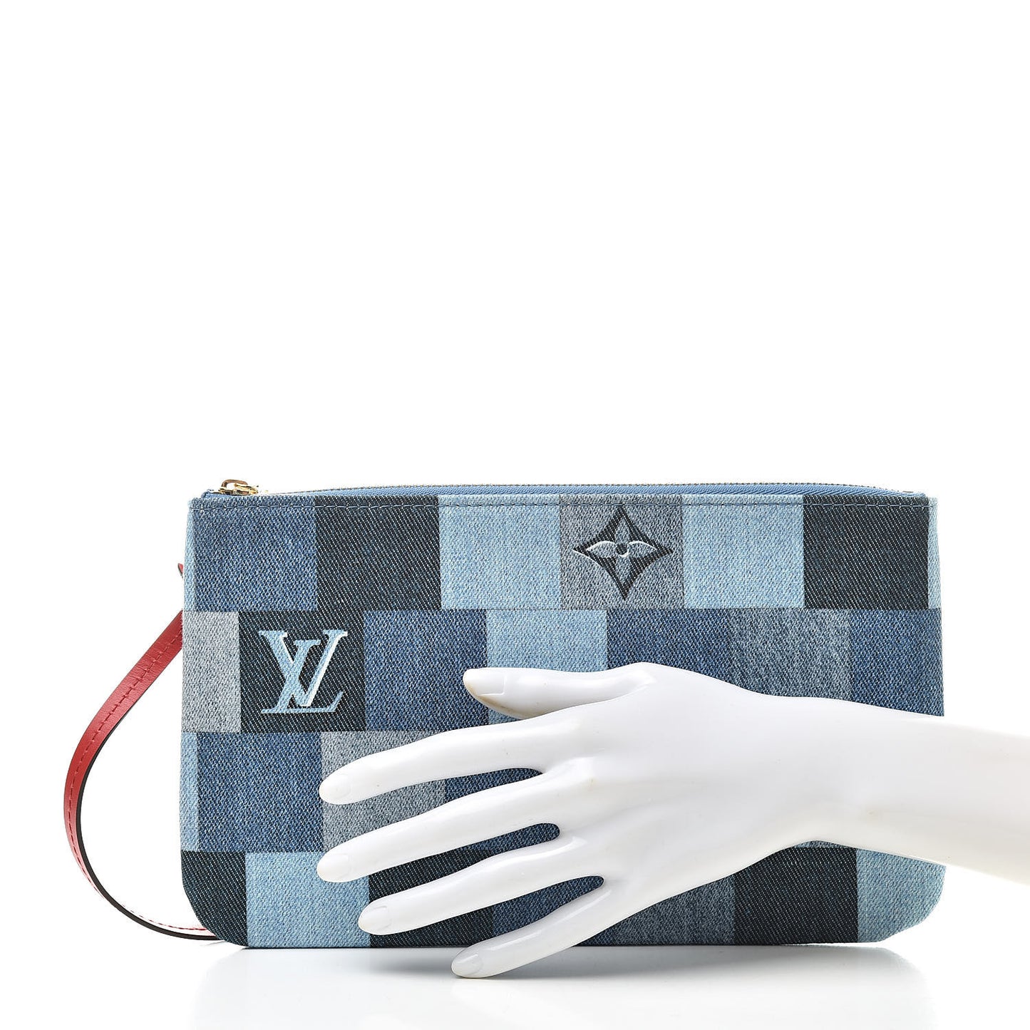 Denim Damier Monogram Patchwork Neverfull MM Pochette Blue Rouge