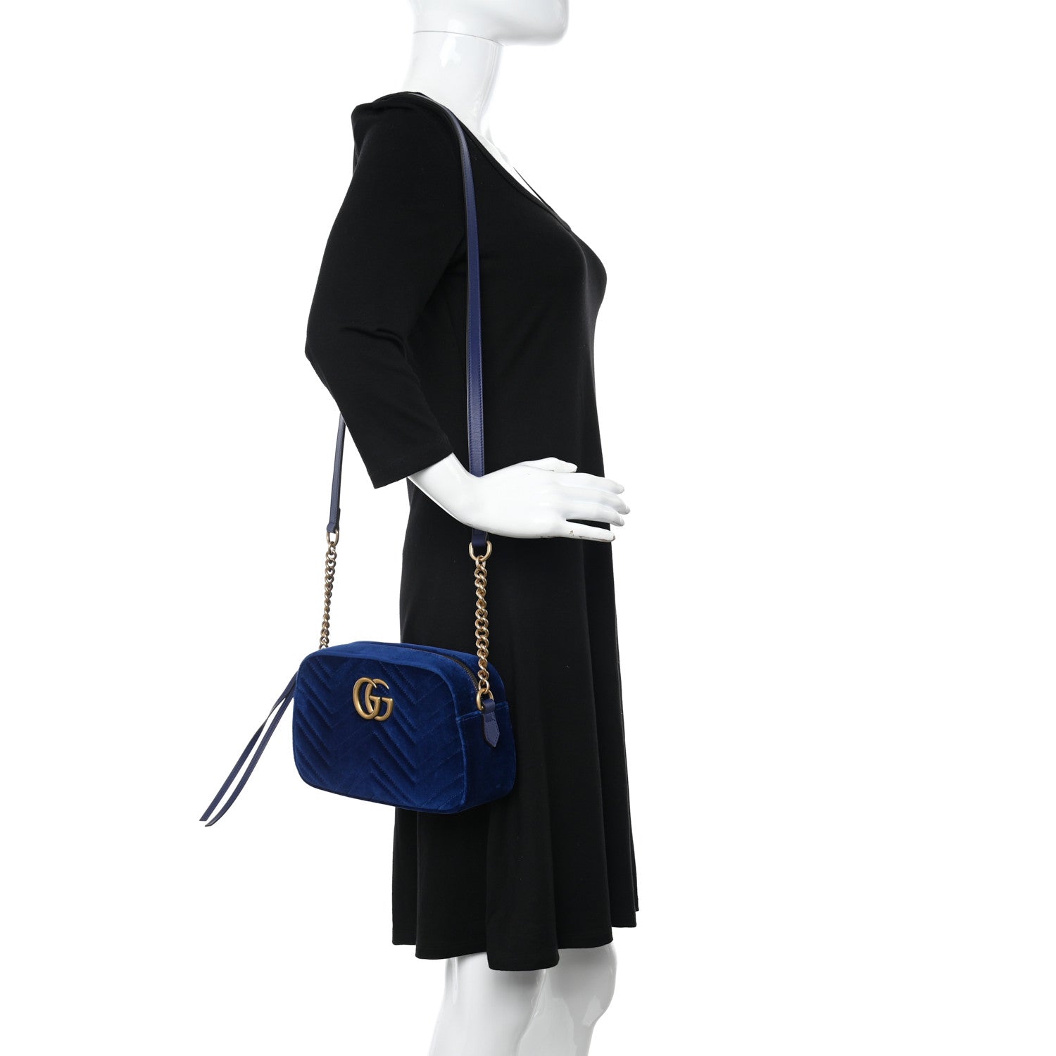 Gucci Velvet Matelasse Small GG Marmont Chain Shoulder Bag Cobalt 2 of 11
