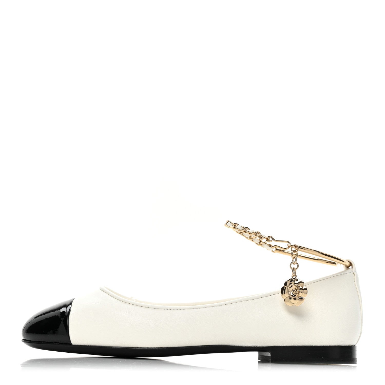 Chanel Lambskin Patent Calfskin Cap Toe Ankle Chain Ballerina Flats 36 White Black 1 of 9