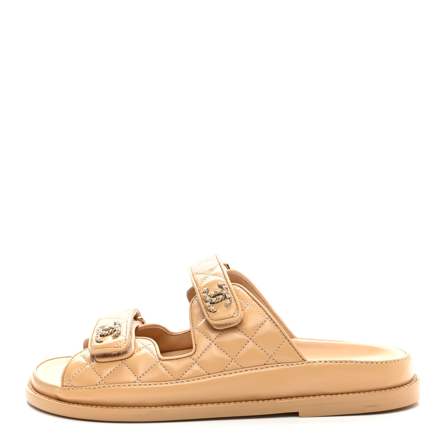 Lambskin Quilted Velcro Dad Chain CC Slide Sandals 39 Beige
