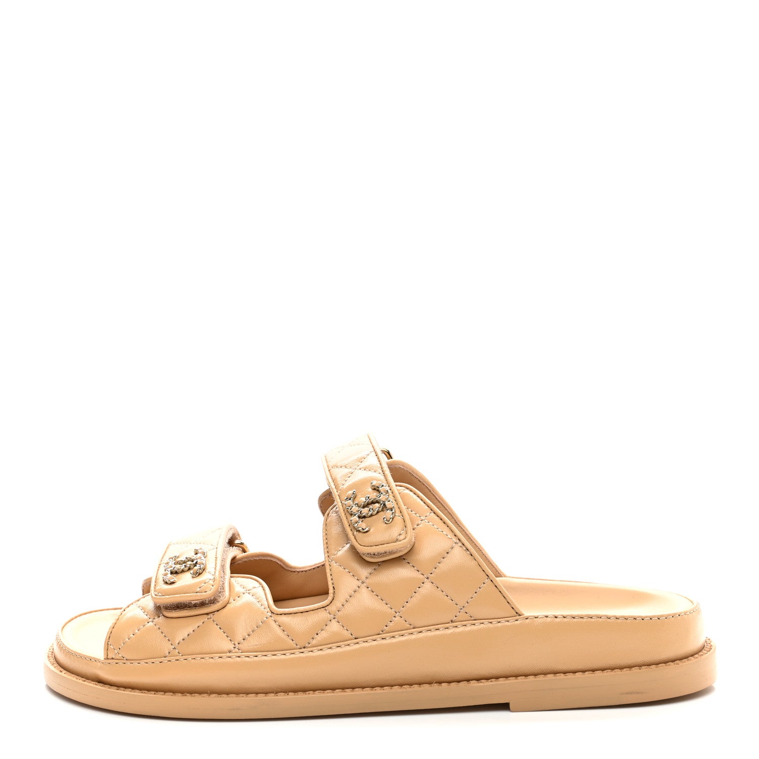 Chanel Lambskin Quilted Velcro Dad Chain CC Slide Sandals 39 Beige 1 of 12