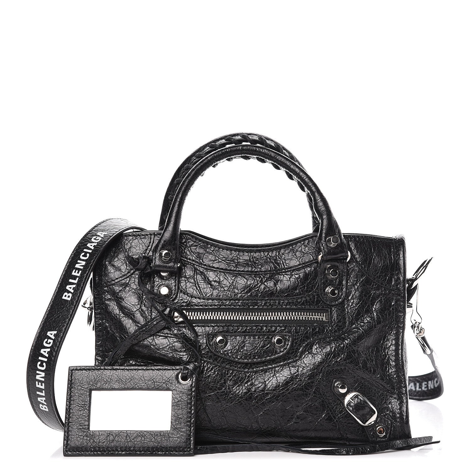 Balenciaga Agneau Classic Silver Hardware Mini City Logo Strap Black White 1 of 10