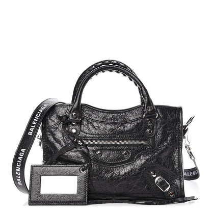Balenciaga Agneau Classic Silver Hardware Mini City Logo Strap Black White 1 of 10