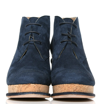 Chanel Suede Cork Lace Up CC Ankle Boots 36.5 Navy 2 of 4
