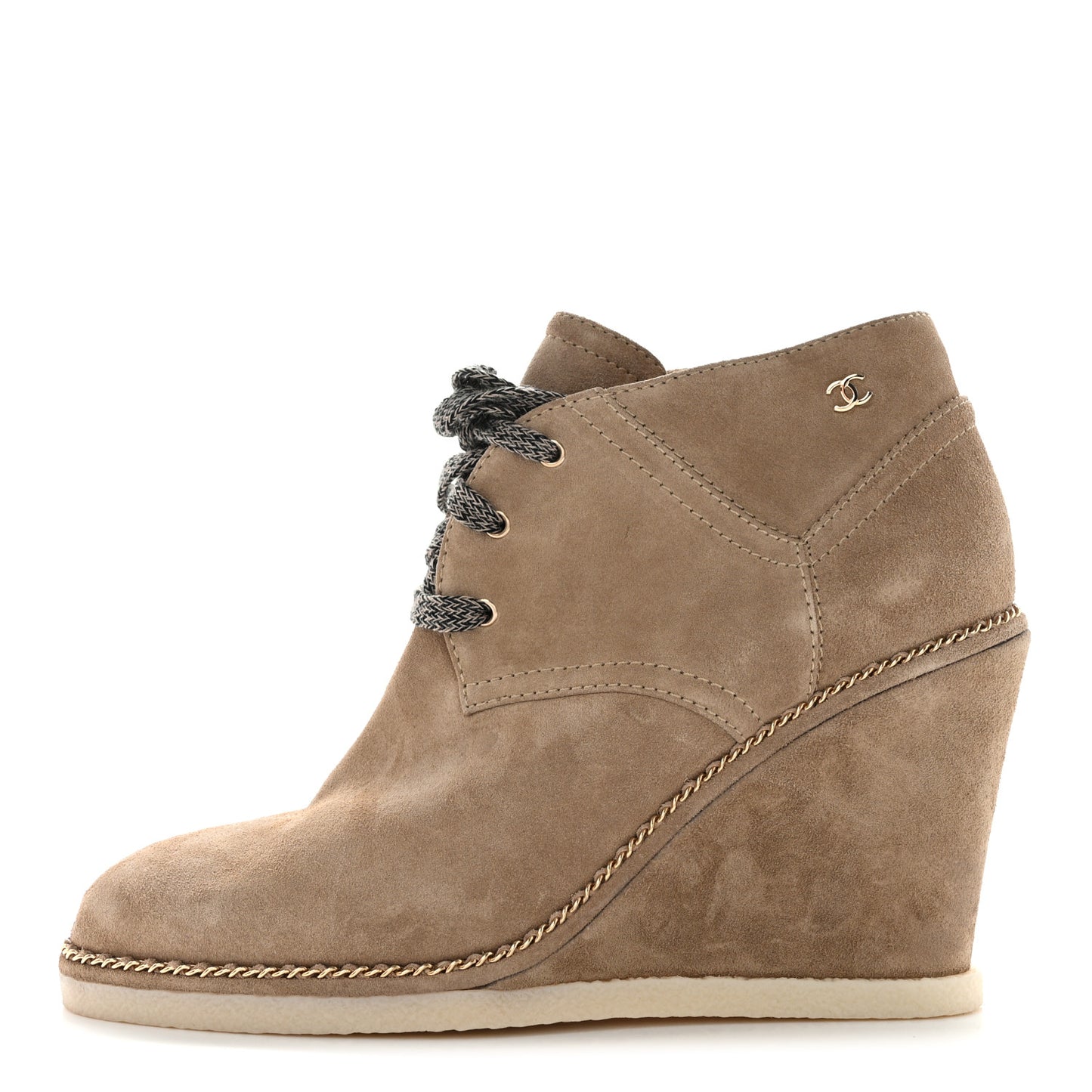 Suede Calfskin Lace Up Wedge Booties 40.5 Beige
