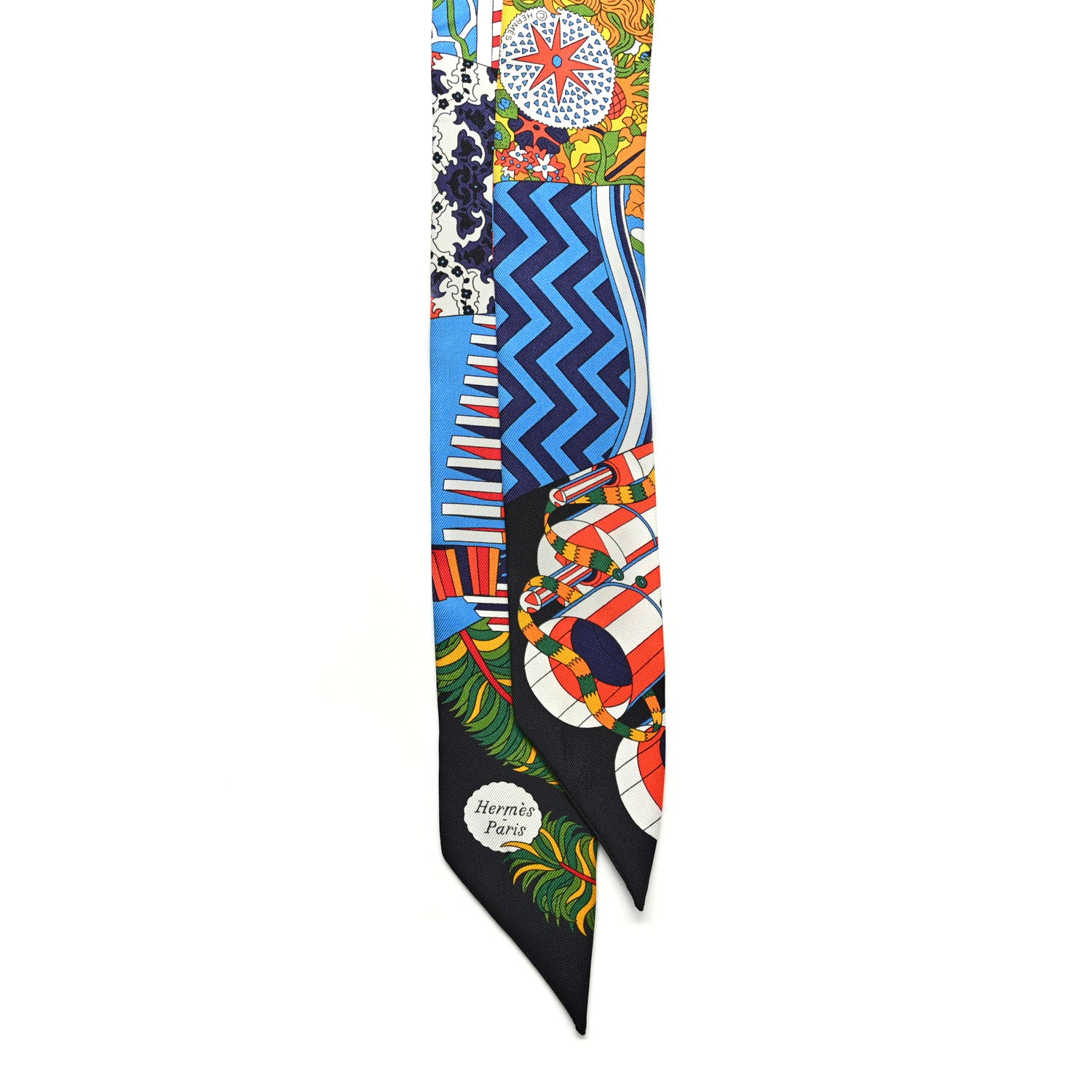 Hermes Silk De l'Ombrelle Aux Duels Sticker Twilly Black Bleu Jaune Vif 2 of 6