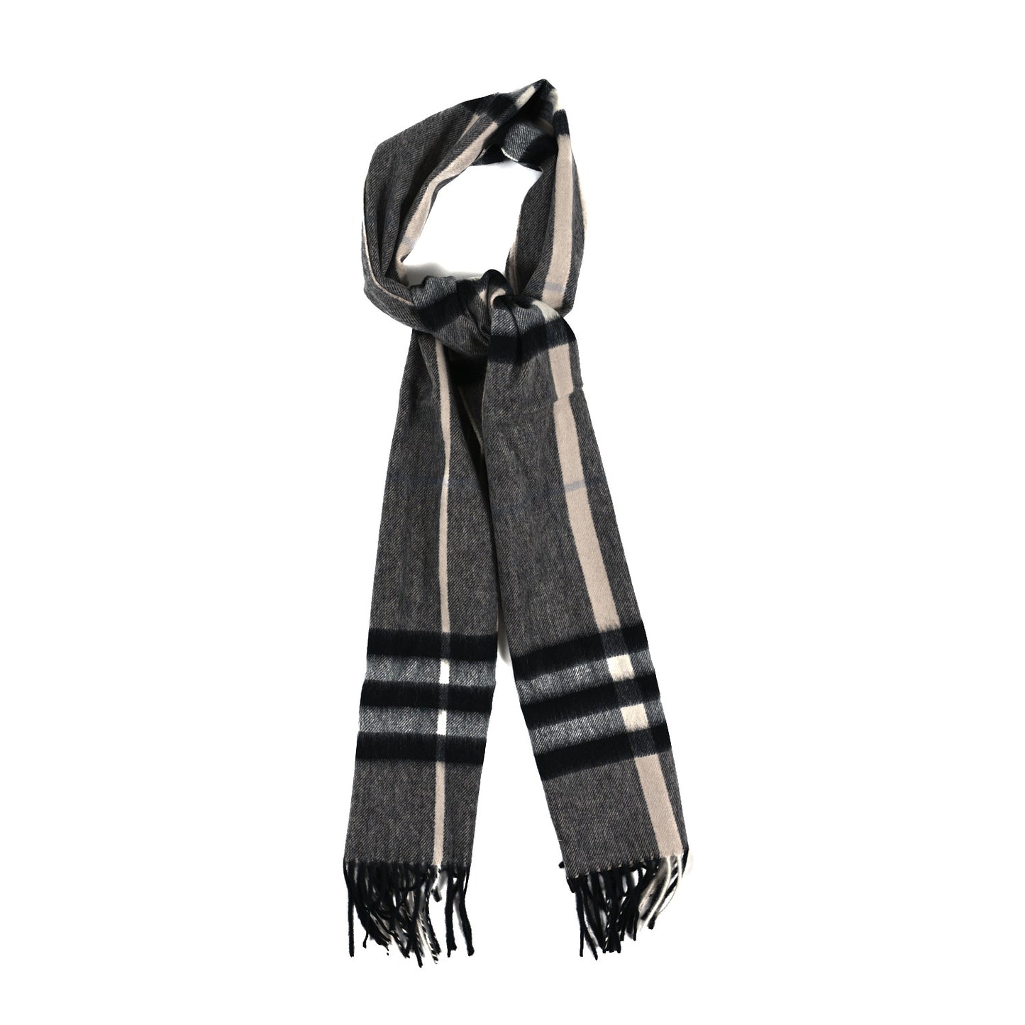 Cashmere Giant Check Fringe Scarf Charcoal Charcoal