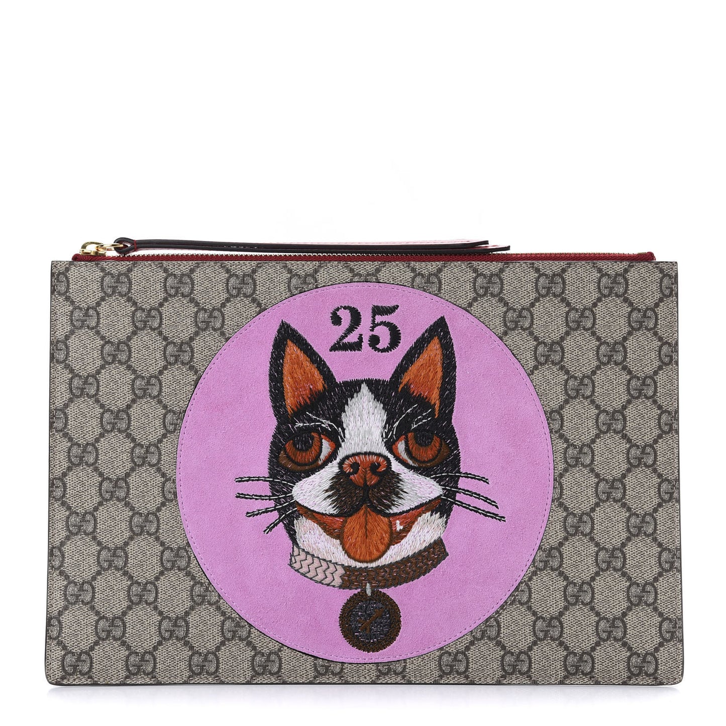 GG Supreme Monogram Bosco Patch Zip Pouch Beige Malva Hibiscus Red