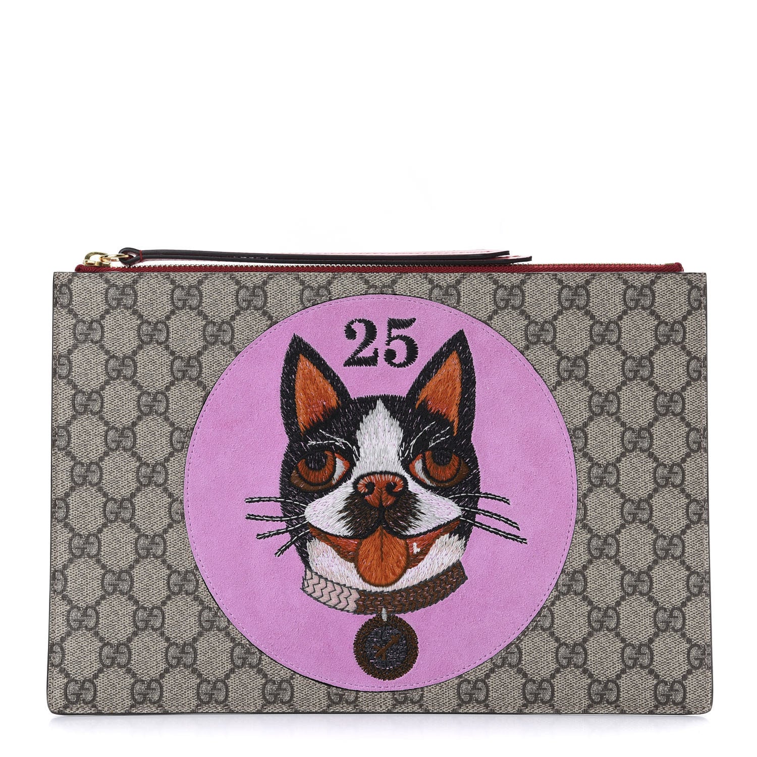 Gucci GG Supreme Monogram Bosco Patch Zip Pouch Beige Malva Hibiscus Red 1 of 10