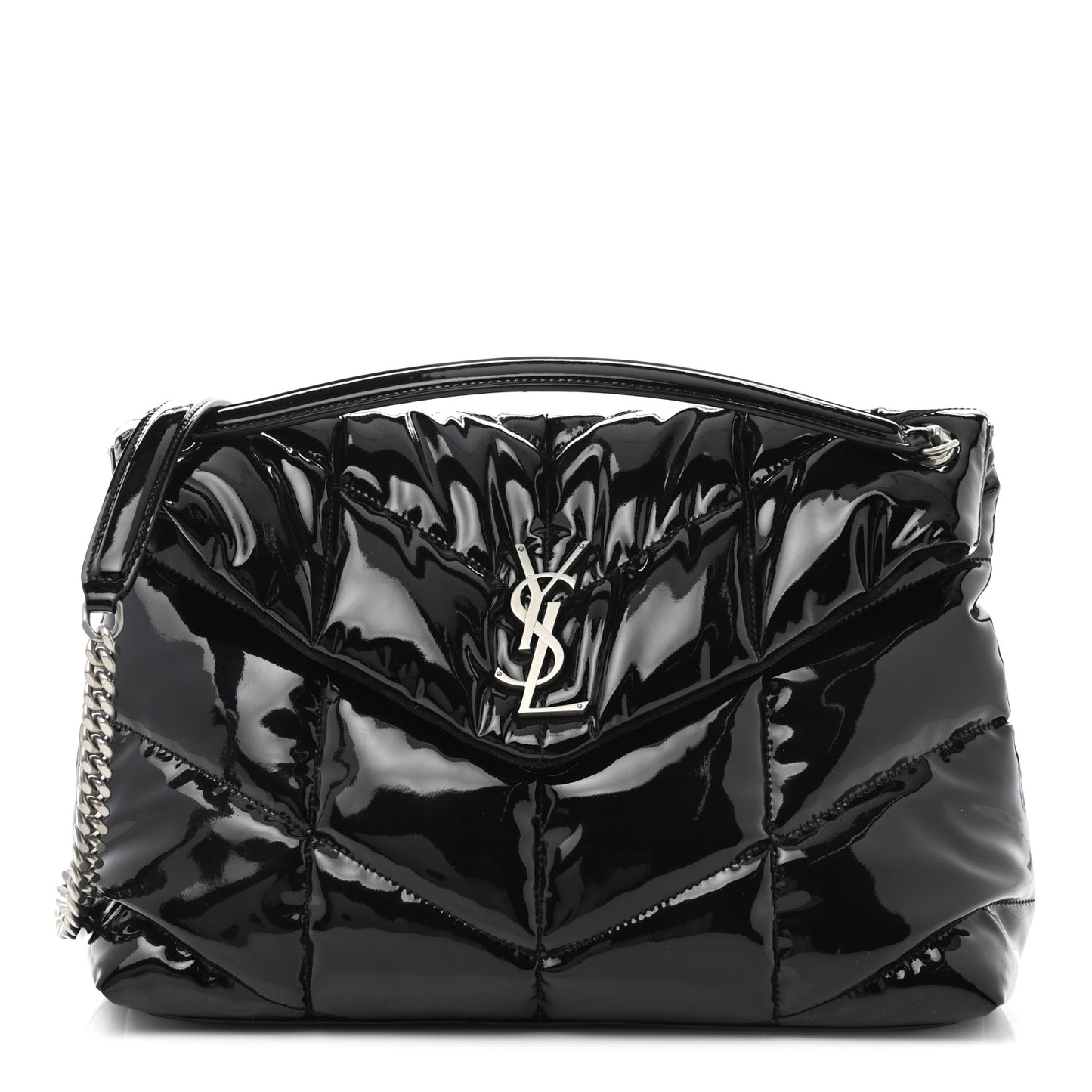 Patent Lambskin Quilted Medium Loulou Puffer Monogram Chain Satchel Black