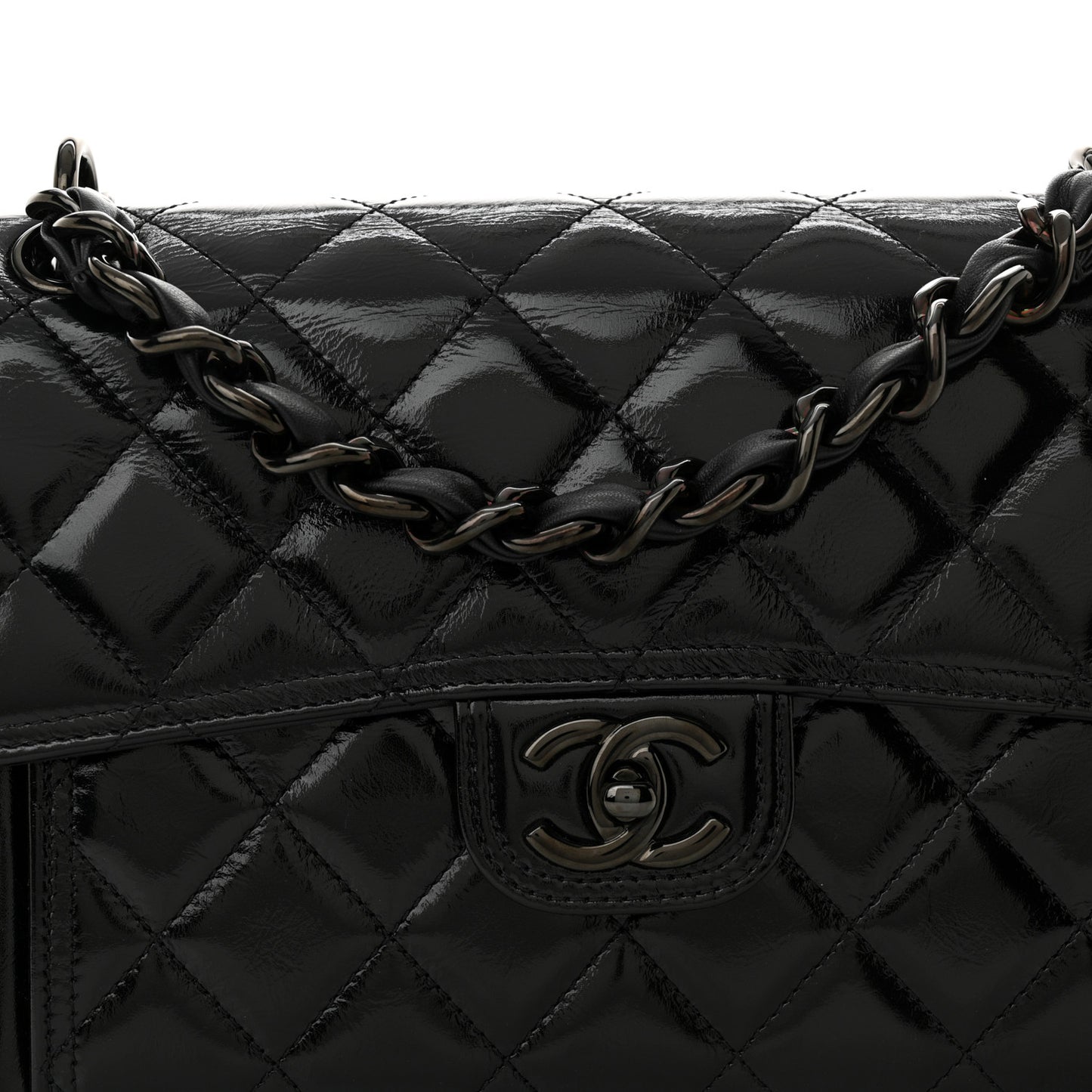 Shiny Crumpled Calfskin Quilted Large Double You Flap So Black