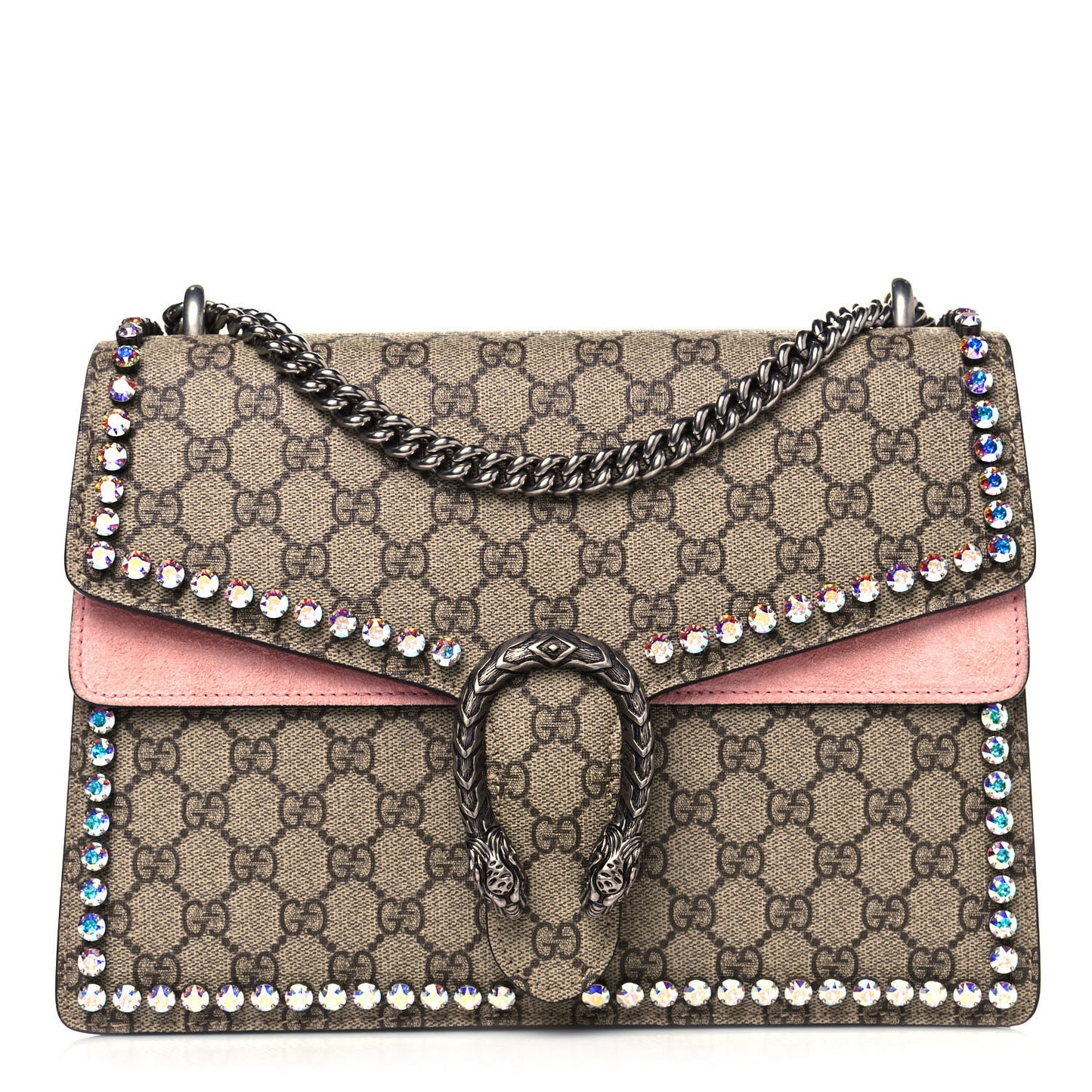 GG Supreme Monogram Suede Crystal Medium Dionysus Shoulder Bag Beige Ebony Light Peonia
